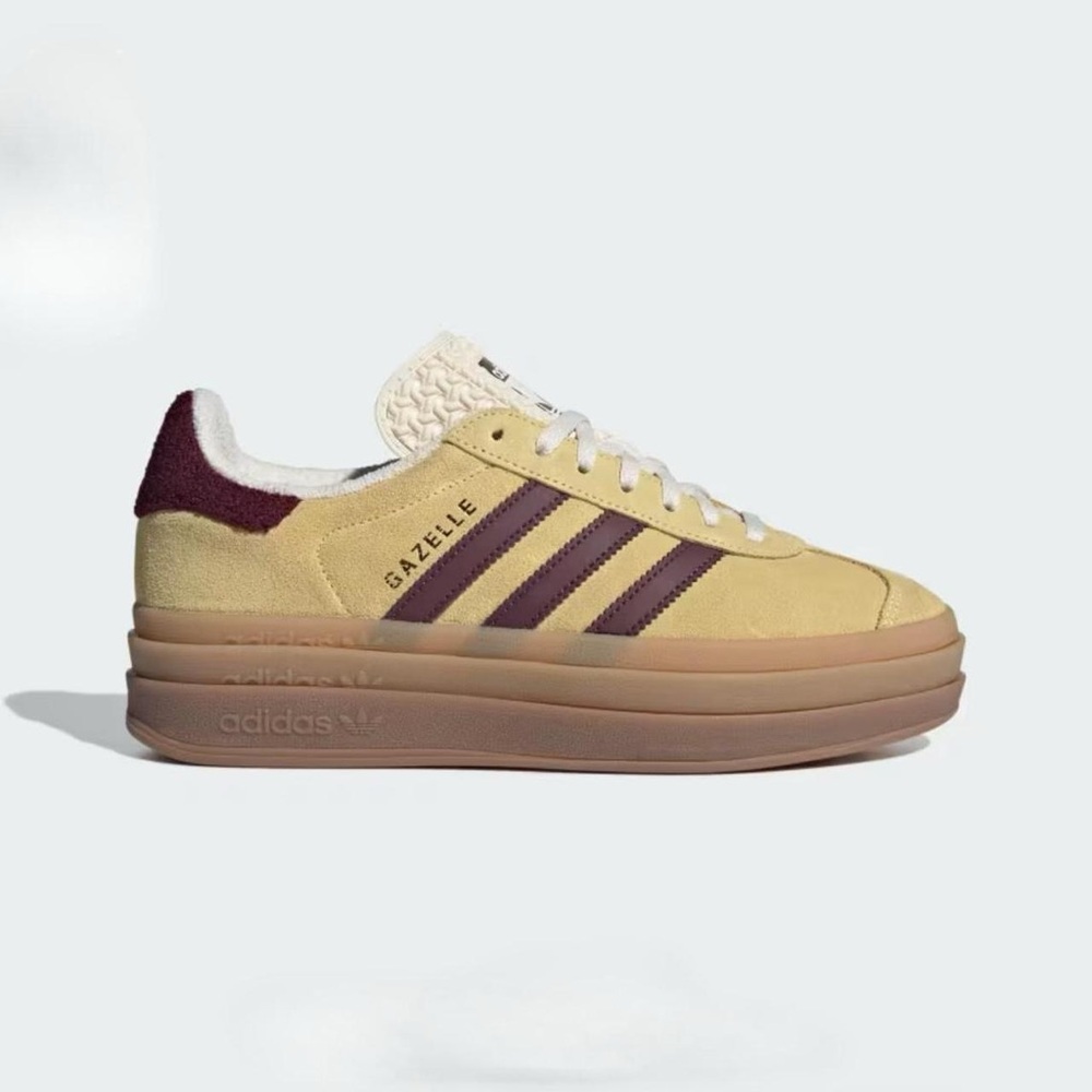 Adidas Gazelle Bold Platforms Maroon/Yellow in size 5